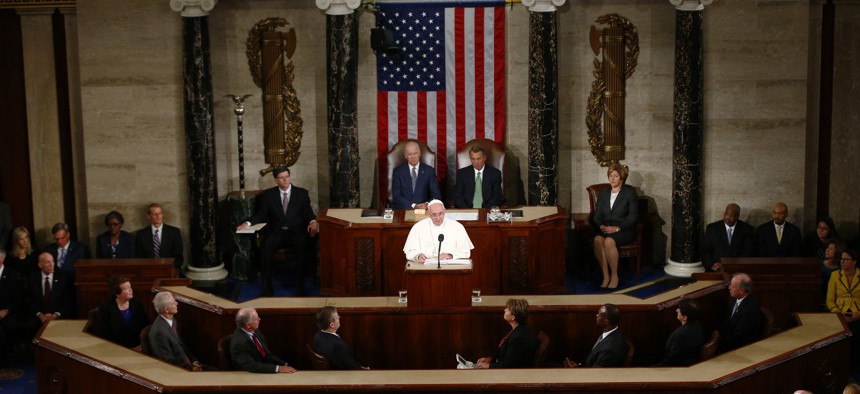 Pope Francis addresses a joint meeting of Congress on Capitol Hill in Washington, Thursday, Sept. 24, 2015, making history as the first pontiff to do so.