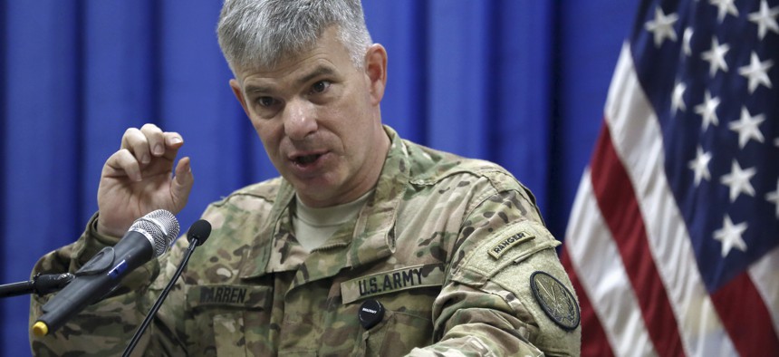 Col. Steve Warren, the new spokesman for the U.S.-led coalition in Iraq, speaks to reporters during a news conference at the U.S. Embassy in the heavily fortified Green Zone in Baghdad, Iraq, Thursday, Oct. 1, 2015.
