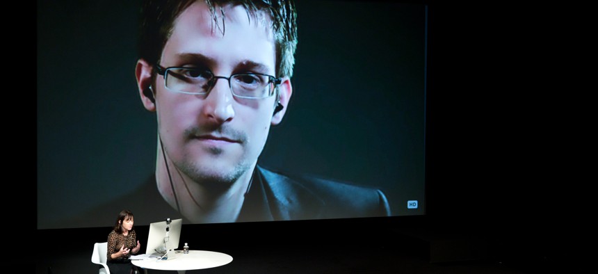 IMAGE DISTRIBUTED FOR THE NEW YORKER - Edward Snowden talks with Jane Mayer via satellite at the 15th Annual New Yorker Festival on Saturday, Oct. 11, 2014 in New York. 