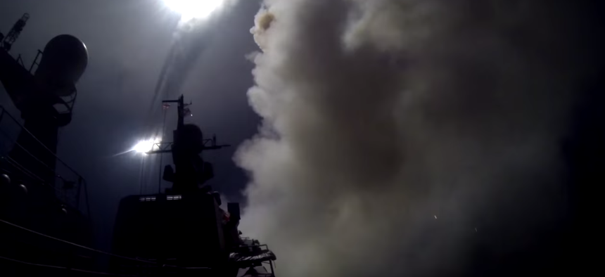 A screen capture from a YouTube video posted by the Russian Ministry of Defense shows the launch of cruise missiles toward Syrian targets.