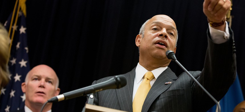 Homeland Security Secretary Jeh Johnson takes questions from members of the media following an event in Washington, Monday, Oct. 5, 2015, to thank Homeland Security Deparment employees for their work.