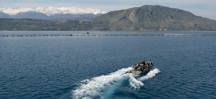 SOUDA BAY, Greece (April 13, 2015) The The USS Ross (DDG 71) visit board search and seizure (VBSS) team trains in the port of Souda Bay, Greece April 13, 2015.