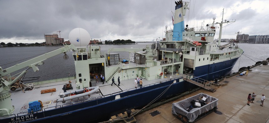 The research vessel Knorr operated by Woods Hole Oceanographic Institute and equipped with Office of Naval Research-sponsored ScanEagle unmanned aerial vehicles prepares to get underway in support of Trident Warrior 2013 (TW12).