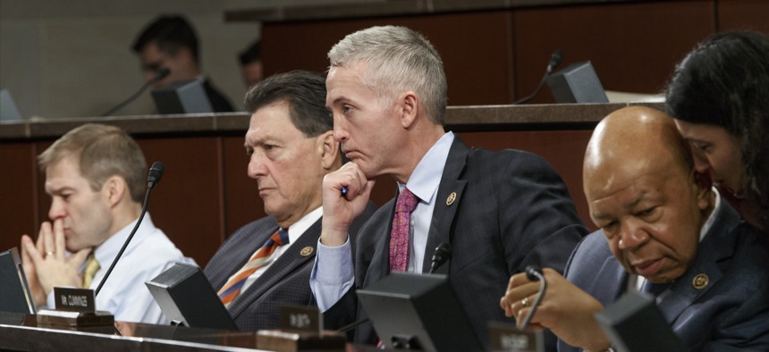 Members of the House Select Committee on Benghazi, from left, Rep. Jim Jordan, R-Ohio, Rep. Lynn Westmoreland, R-Ga., Committee Chairman Rep. Trey Gowdy, R-S.C., and Rep. Elijah Cummings, D-Md., the ranking member, listen to witnesses from the CIA and Sta