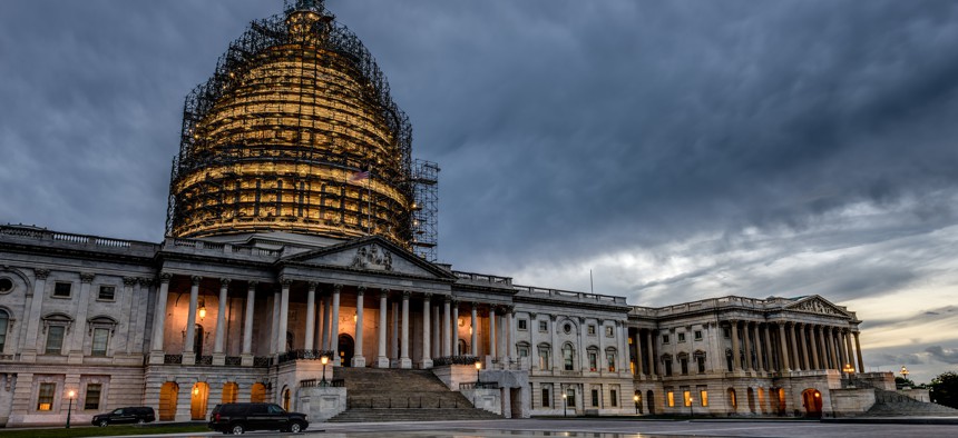 A photo of the US Capitol building under repair taken on September 26, 2015.