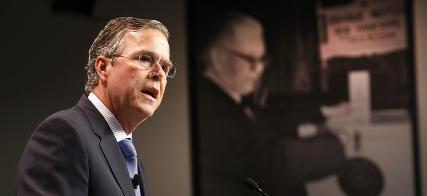 Republican presidential candidate, former Florida Gov. Jeb Bush, Tuesday, Oct. 13, 2015, at the New Hampshire Institute of Politics at Saint Anselm College in Manchester, N.H.