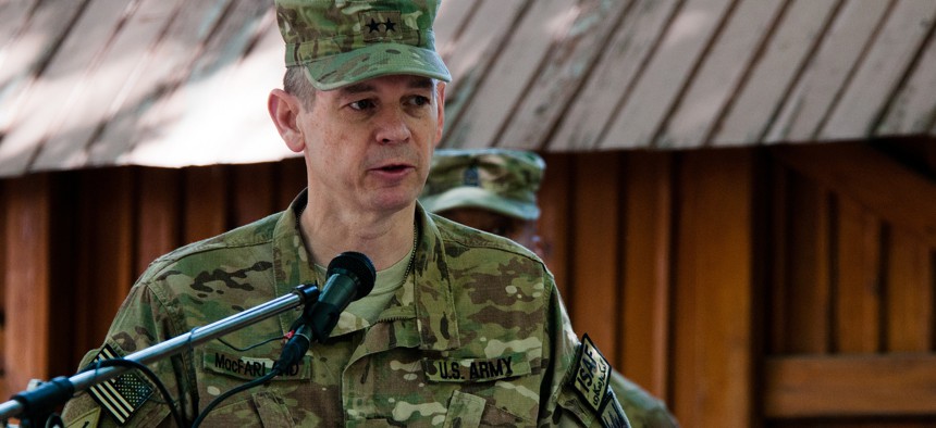 KABUL, Afghanistan (June 14, 2012) - U.S. Army Maj. Gen. Sean MacFarland, operations deputy chief of staff for the International Security Assistance Force (ISAF), speaks during a ceremony commemorating the U.S. Army's 237th birthday.
