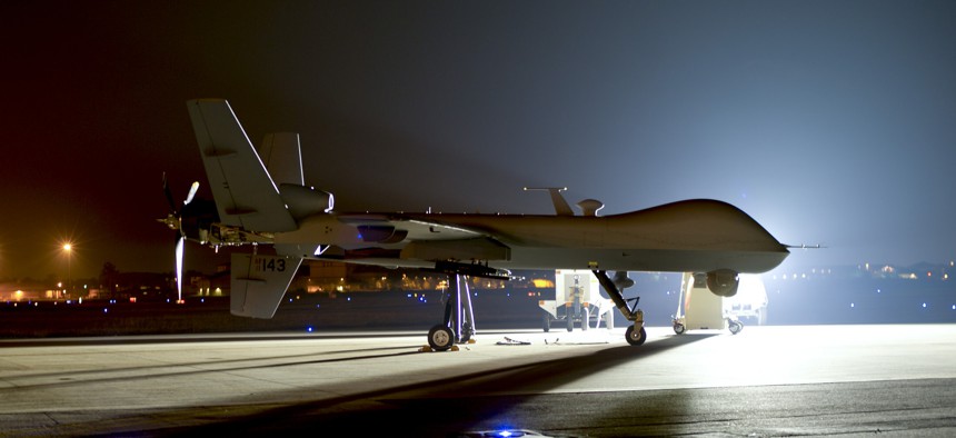 An MQ-9 Reaper sits on the flight line at Hurlburt Field Fla., April 24, 2014.