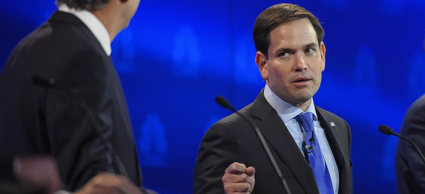 Florida Sen. Marco Rubio, right, counter-attcked former Florida Gov. Jeb Bush, who is fading in the polls, during the CNBC Republican presidential debate, Wed., Oct. 28, 2015, in Boulder, Colo.