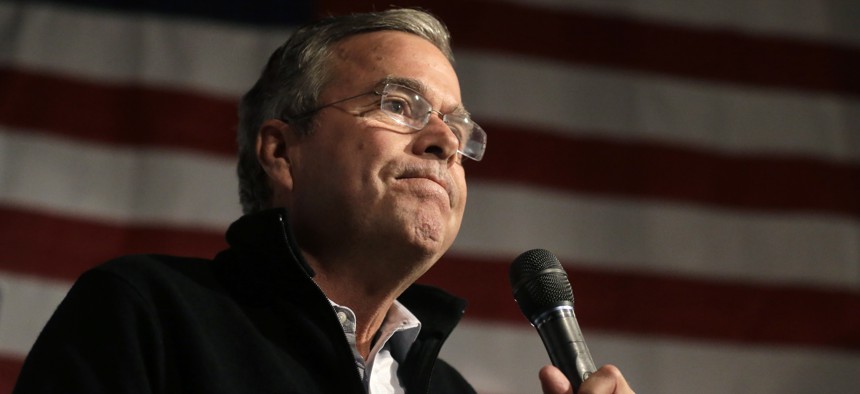 Republican presidential candidate, former Florida Gov. Jeb Bush, former U.S. Sen. Scott Brown, R-Mass., at a campaign event, Tuesday, Nov. 3, 2015, in Brown's barn, in Rye, N.H.