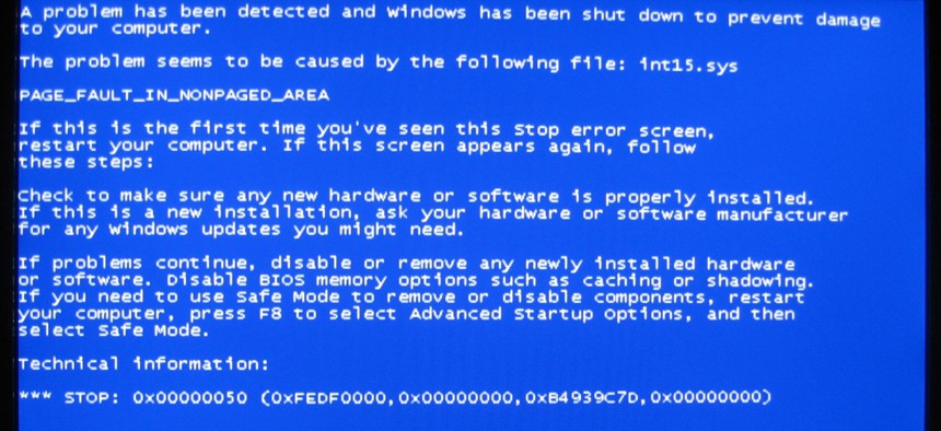 A Windows error message commonly referred to as the 'blue screen of death'.