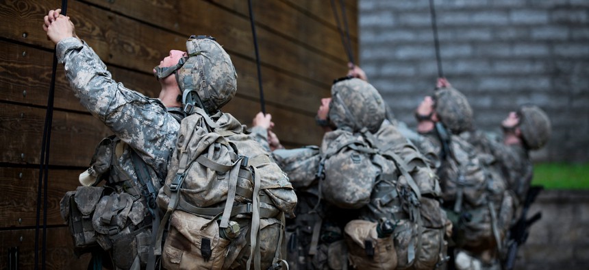 U.S. Army Soldiers participate in rappel training during the Mountain Phase of the Ranger Course on Camp Merrill in Dahlonega, Ga., July 12, 2015.