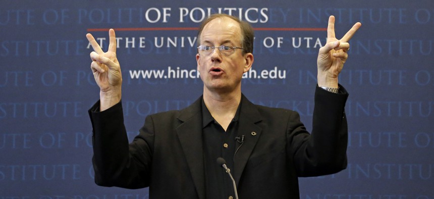 Thomas Drake, a former National Security Agency senior executive who leaked information to the media, addressees the University of Utah's Hinckley Institute of Politics Thursday, April 10, 2014, in Salt Lake City.