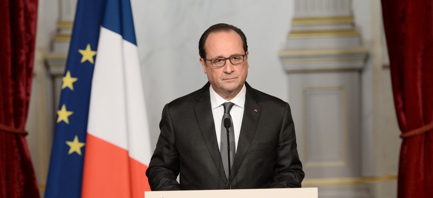 French President Francois Hollande speaks at the Elysee Palace in Paris, Saturday, Nov. 14, 2015, following a series of coordinated attacks in and around Paris late Friday which left more than 120 people dead.