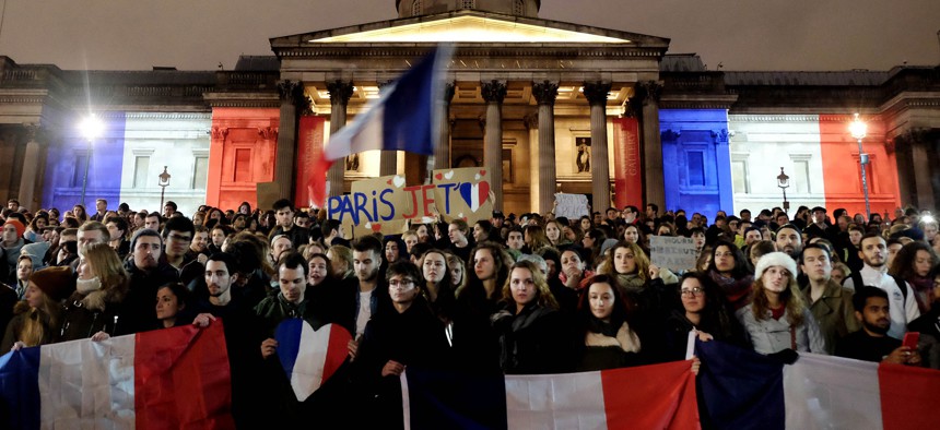 The French community of London hold a vigil at Trafalgar Square in memory of those killed in the terrorist attacks in Paris, France on Nov. 13, 2015.