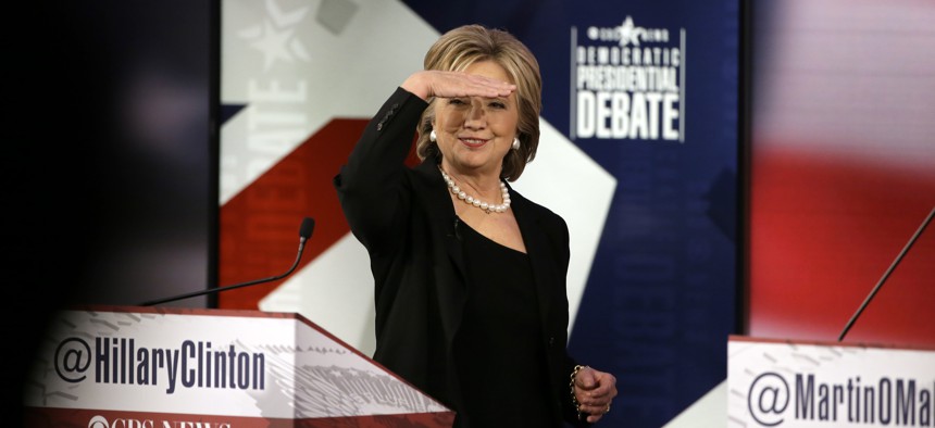 Hillary Rodham Clinton looks at audience during a commercial break at a Democratic presidential primary debate, Saturday, Nov. 14, 2015, in Des Moines, Iowa.