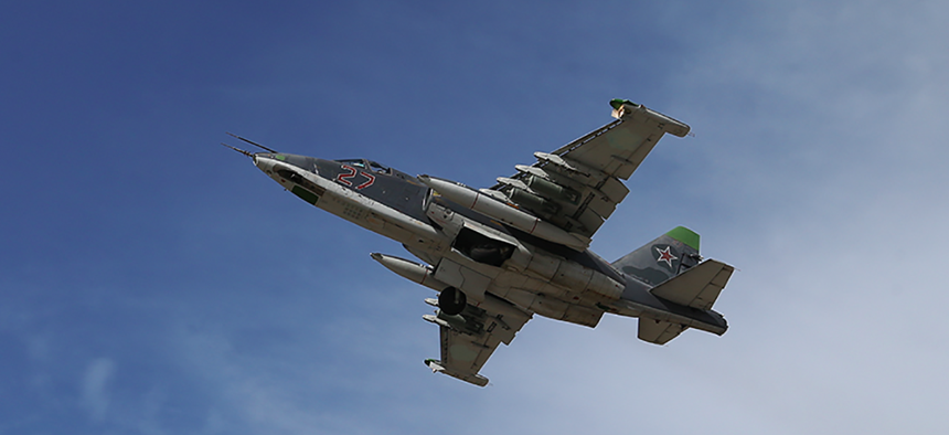 A Russian aircraft departs an air base in Syria for a recent strike mission.