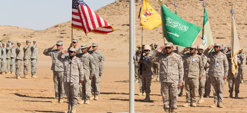 U.S. and Saudi Arabian forces conduct a closing ceremony for Exercise Friendship and Iron Hawk 14 on April 14th, 2014, near Tabuk, Saudi Arabia.