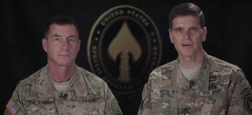 Gen. Joseph Votel recorded a video message to Special Operations Command explaining his decision to not seek permission to keep women from combat roles, Dec. 3, 2015.