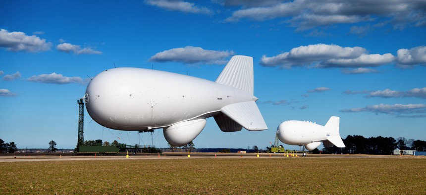 JLENS aerostats docked at Weeksville NC, Dirigible Hangar.