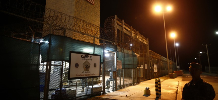 The entrance to Camp VI detention facility is guarded at Guantanamo Bay Naval Base, Cuba, Wednesday, Nov. 20, 2013.