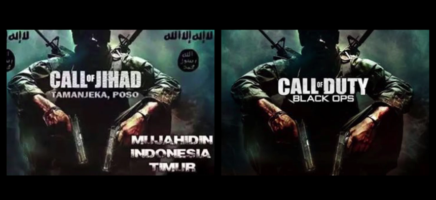 Images from an ISIS recruiting video depict icons from western video games, Hollywood, and popular culture.