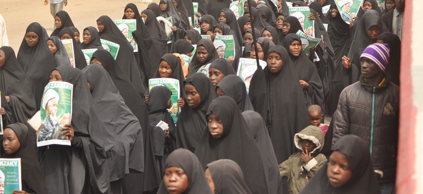 Nigeria shiites muslim took to the street to protest and demanded the release of Shiite leader Ibraheem Zakzaky in Kano, Nigeria, Monday, Dec. 21, 2015.