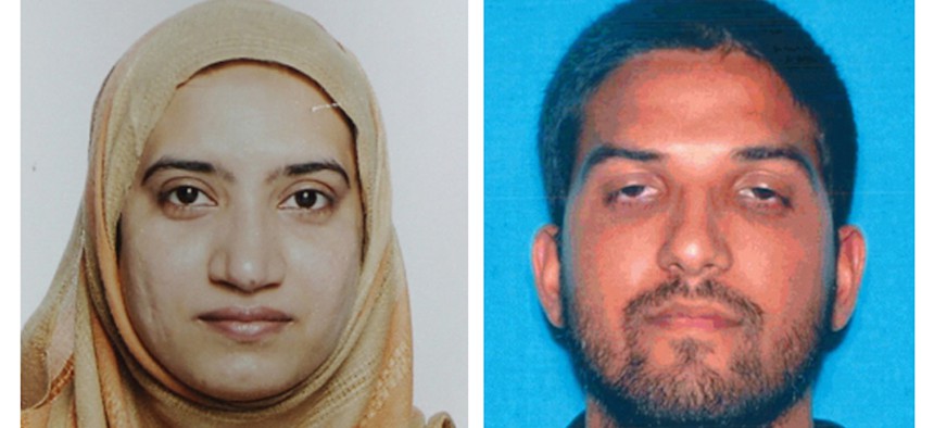 This undated combination of file photos provided by the FBI, left, and the California Department of Motor Vehicles shows Tashfeen Malik, left, and Syed Farook.