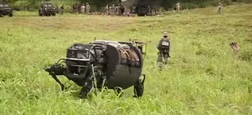 Legged Squad Support System (LS3) DARPA Robot testing at RIMPAC 2014 in Hawaii.