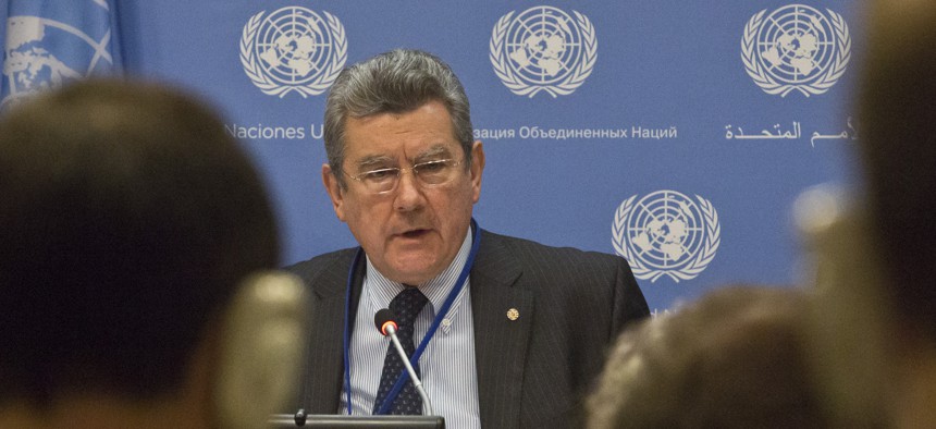 Uruguay's U.N. Ambassador Elbio Rosselli, current president of the Security Council, speaks during a news conference following a closed meeting of the council on Monday, Jan. 4, 2016