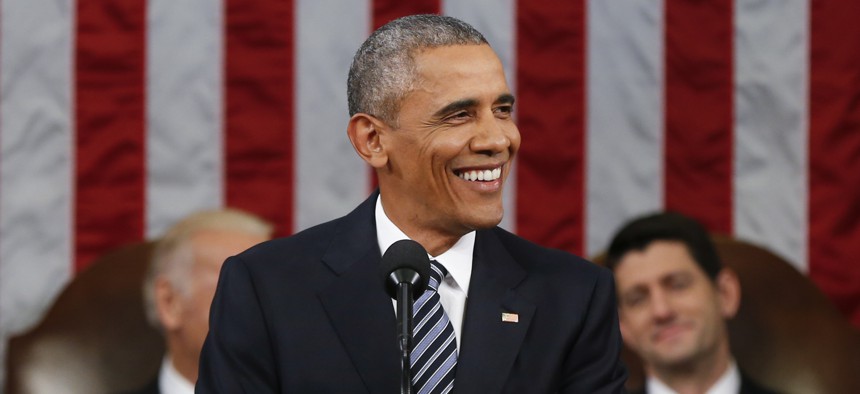 President Barack Obama smiles during his State of the Union address to a joint session of Congress on Capitol Hill in Washington, Tuesday, Jan. 12, 2016.