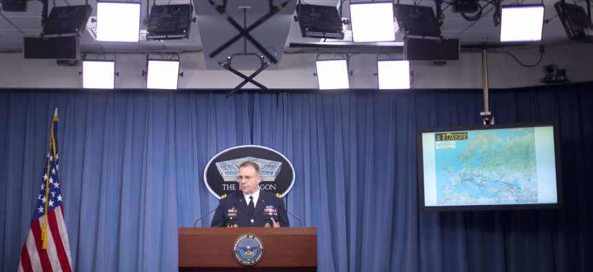 The commander of U.S. Army Europe, Lt. Gen. Ben Hodges, speaks during his news conference at the Pentagon, Dec. 9, 2015.