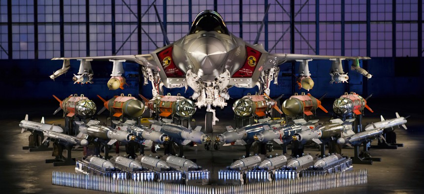 A U.S. Air Force F-35 Joint Strike Fighter with the weapons it will carry.
