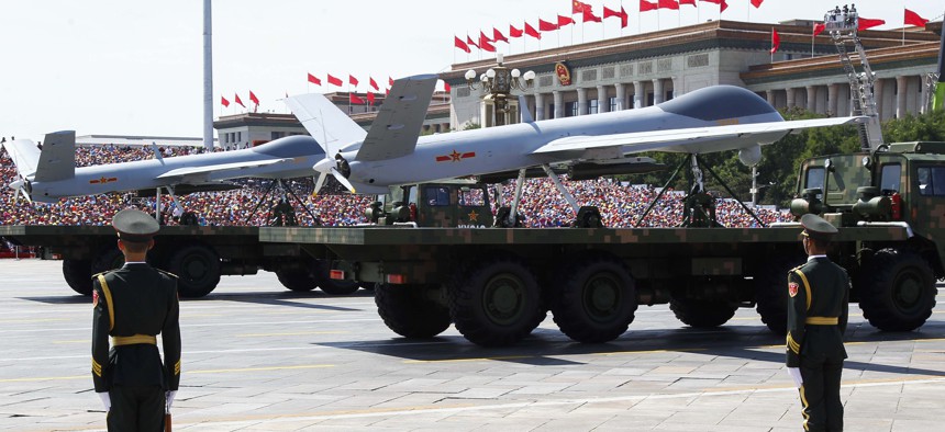 Chinese unmanned aerial vehicles are presented during a military parade to commemorate the 70th anniversary of the end of World War II in Beijing Thursday Sept. 3, 2015. 