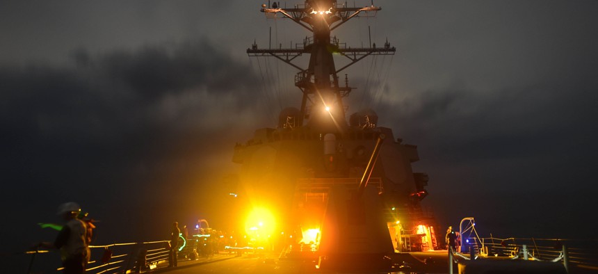 The Arleigh Burke-class guided-missile destroyer USS Lassen (DDG 82) patrols the South China Sea, Sep. 28, 2015.