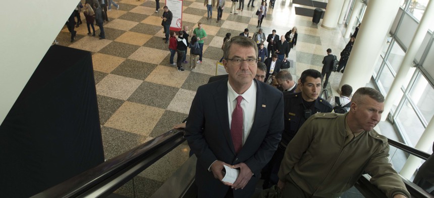 Secretary of Defense Ash Carter arrives at the 2016 RSA Conference in San Francisco, March 2, 2016. 