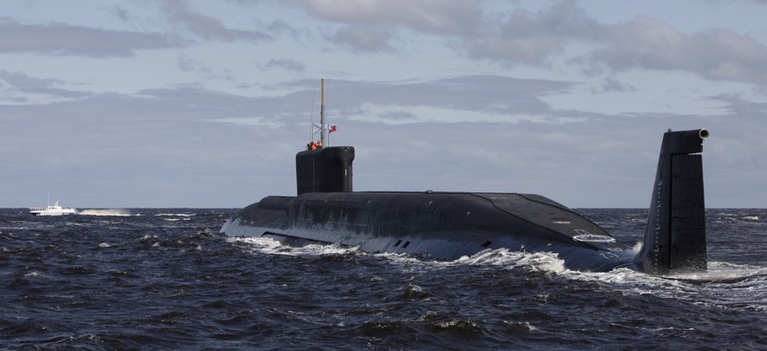 This Thursday July 2, 2009 file photo, shows a new Russian nuclear submarine, Yuri Dolgoruky, near the Sevmash factory in the northern city of Arkhangelsk, Russia.