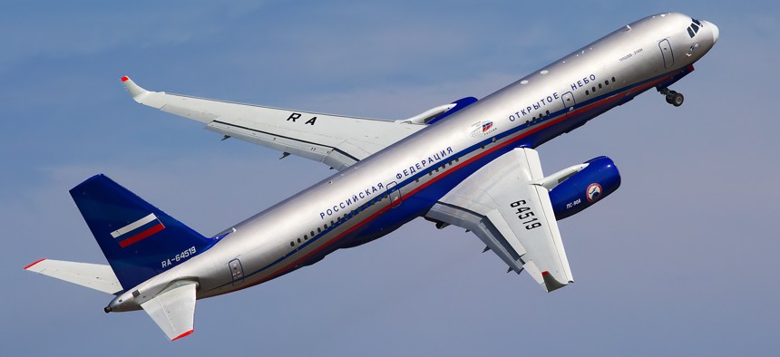 Russia's Tu-214ON Open Skies aircraft flies at the MAKS-2011 airshow outside Moscow.