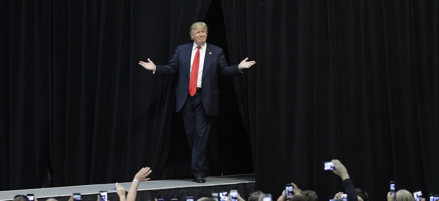 Republican presidential candidate Donald Trump is introduced during a campaign rally in Concord, N.C., Monday, March 7, 2016. 