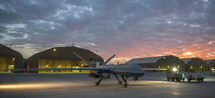 An unmanned MQ-9 Reaper at Kandahar Airfield, Afghanistan, Dec. 6, 2015.