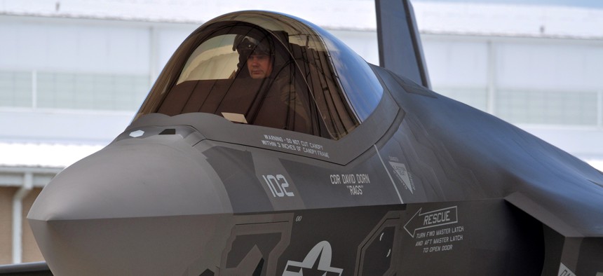 Navy Lt. Cmdr. Christopher Tabert lands his F-35C Lightning II in 2013 at Eglin Air Force Base, Fla.