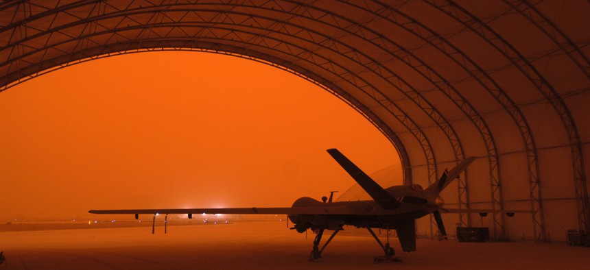 An MQ-9 Reaper sits in a hanger during a sandstorm at Joint Base Balad, Iraq, Sept. 15, 2008.