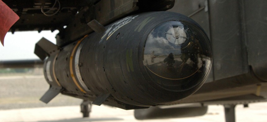 A Hellfire Missile mounted on an AH-64D Longbow Apache at Forward Operating Base Salerno, in the Khowst Province, Afghanistan, April 19, 2007. 