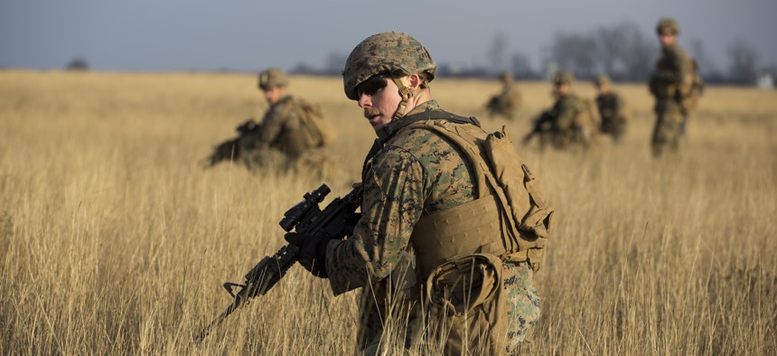 U.S. Marines train with Romanian and Moldovan forces in Romania in December 2015.