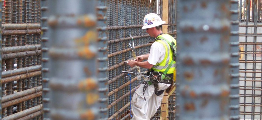 A construction worker installs reinforcing steel in at the Savannah River Site MOX facility.