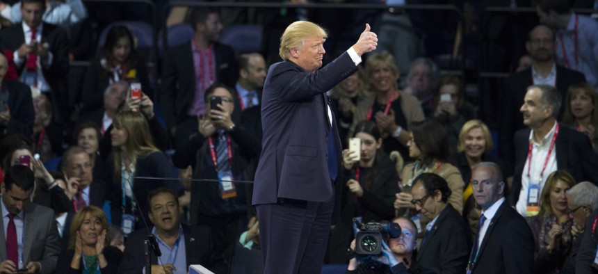 Republican presidential candidate Donald Trump gives a thumbs up at the 2016 American Israel Public Affairs Committee (AIPAC) Policy Conference at the Verizon Center, on Monday, March 21, 2016, in Washington.
