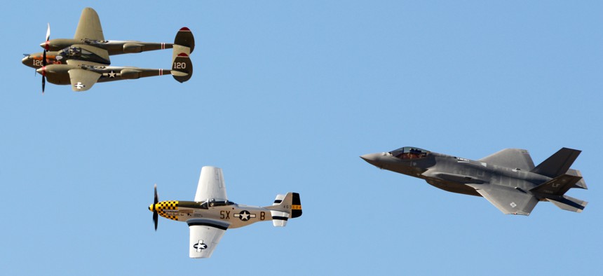 The F-35 Lightning II flies with a P-38 Lightning and two P-51 Mustangs at Davis-Monthan Air Force Base, Ariz., in March 2016.