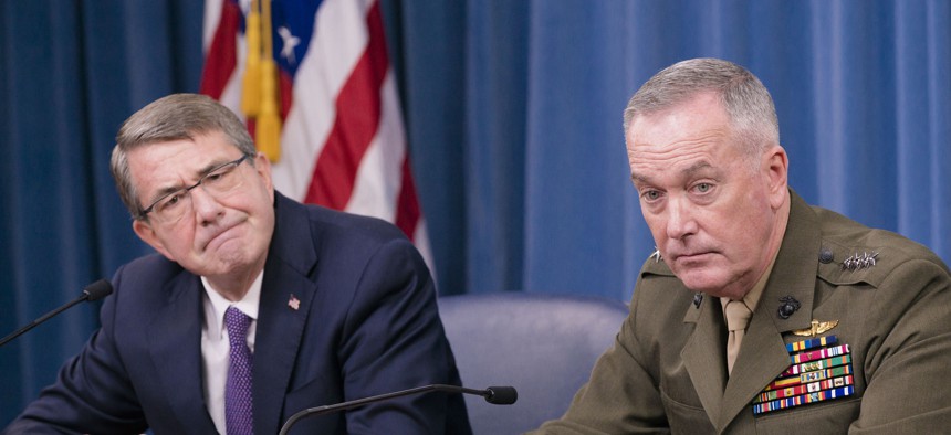 Secretary of Defense Ash Carter and U.S. Marine Gen. Joseph F. Dunford Jr., chairman of the Joint Chiefs of Staff, hold a press conference at the Pentagon, Mar. 25, 2016.