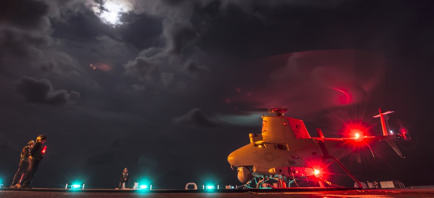 An MQ-8B Fire Scout unmanned aircraft system from Helicopter Maritime Strike Squadron (HSM) 35 performs ground turns aboard the littoral combat ship USS Fort Worth (LCS 3) in the South China Sea, May 1, 2015.