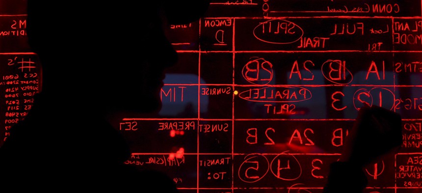 A U.S. sailor updates the status board on the pilot house aboard the guided-missile destroyer USS Roosevelt (DDG 80) in the Atlantic Ocean, March 25, 2016. 